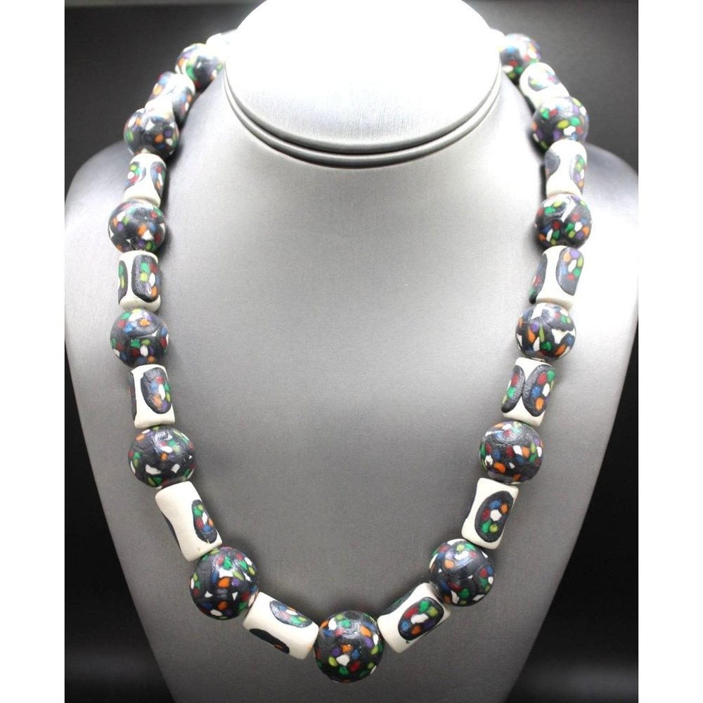 Vintage Hand Painted Folk‎ Art Ethnic Chunky Clay Bead Silver Tone 20" Necklace